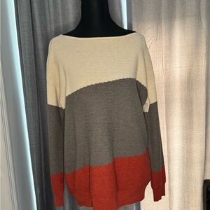 Elegant Color Block Sweater in Cream, Gray, and Red